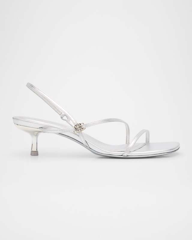 Metallic Leather Strappy Kitten-Heel Slingback Sandals